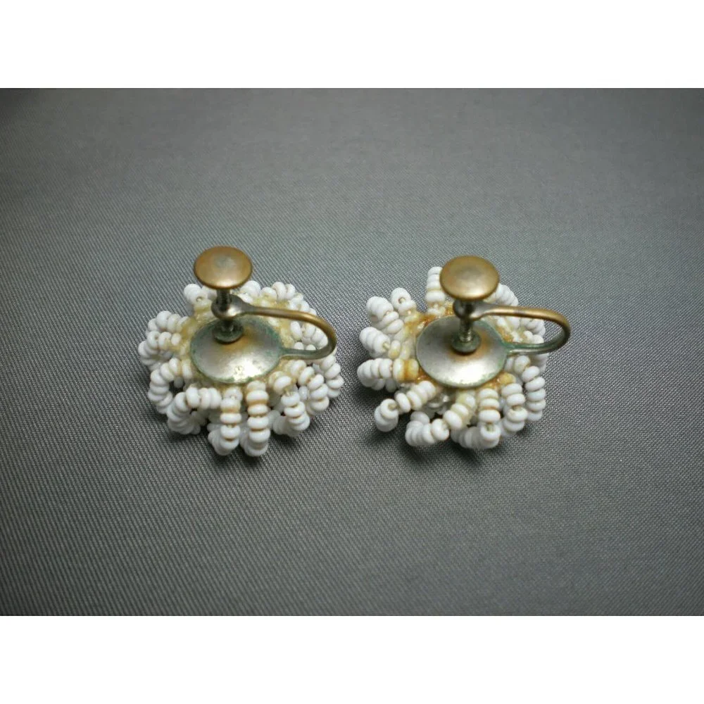 Vintage White Beaded Screw Back Earrings